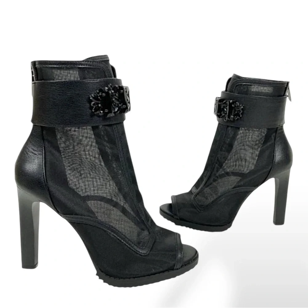 Karl Lagerfeld Black Peep-Toe Ankle Booties with Embellished Strap